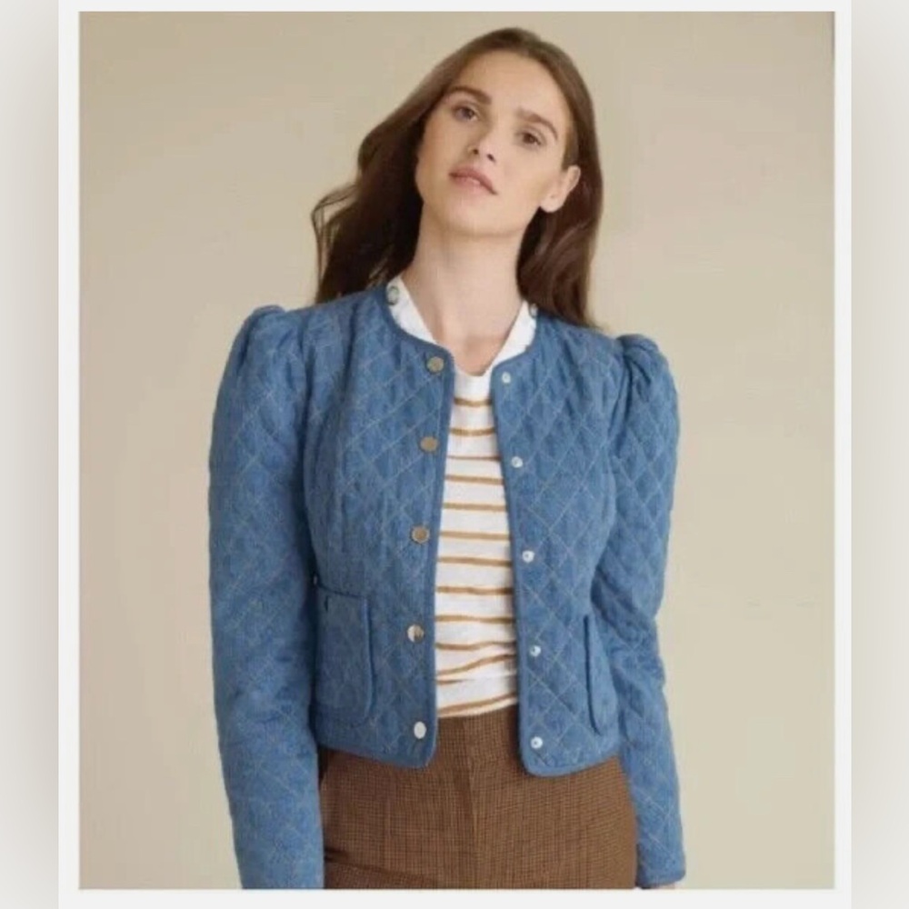 Veronica Beard Camilla Denim Jacket with Puff Shoulders